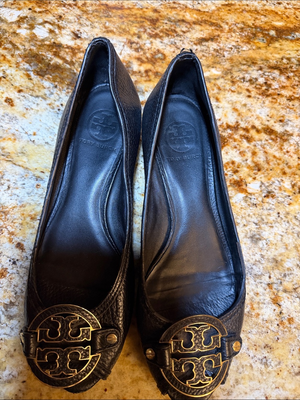 Tory Burch Black Pebbled Leather Peep Toe Wedge Pumps - Picture 7 of 9